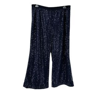 Tahari Luxe Sequin Pants Navy Blue Womens Size 14 Elastic Waist Wide Leg Formal